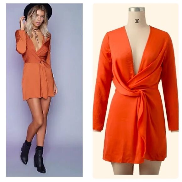 NWT NLW Orange Satin Deep Plunge Wrap Dress Medium - Picture 1 of 9